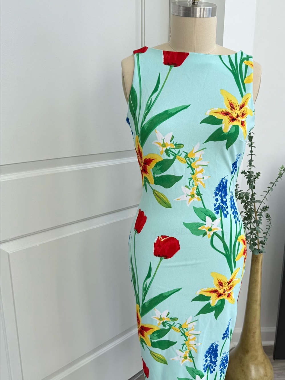 New York & Company Light Aqua Floral Sheath Dress with Red & Yellow Blooms